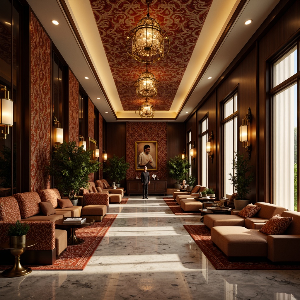 Prompt: Luxurious Art Deco interior, richly patterned textiles, ornate geometric motifs, metallic accents, glossy marble floors, intricately carved wooden panels, velvety smooth upholstery, curved lines, symmetrical compositions, dramatic chandeliers, warm golden lighting, subtle gradient effects, shallow depth of field, 1/1 composition, cinematic perspective, realistic reflections, ambient occlusion.