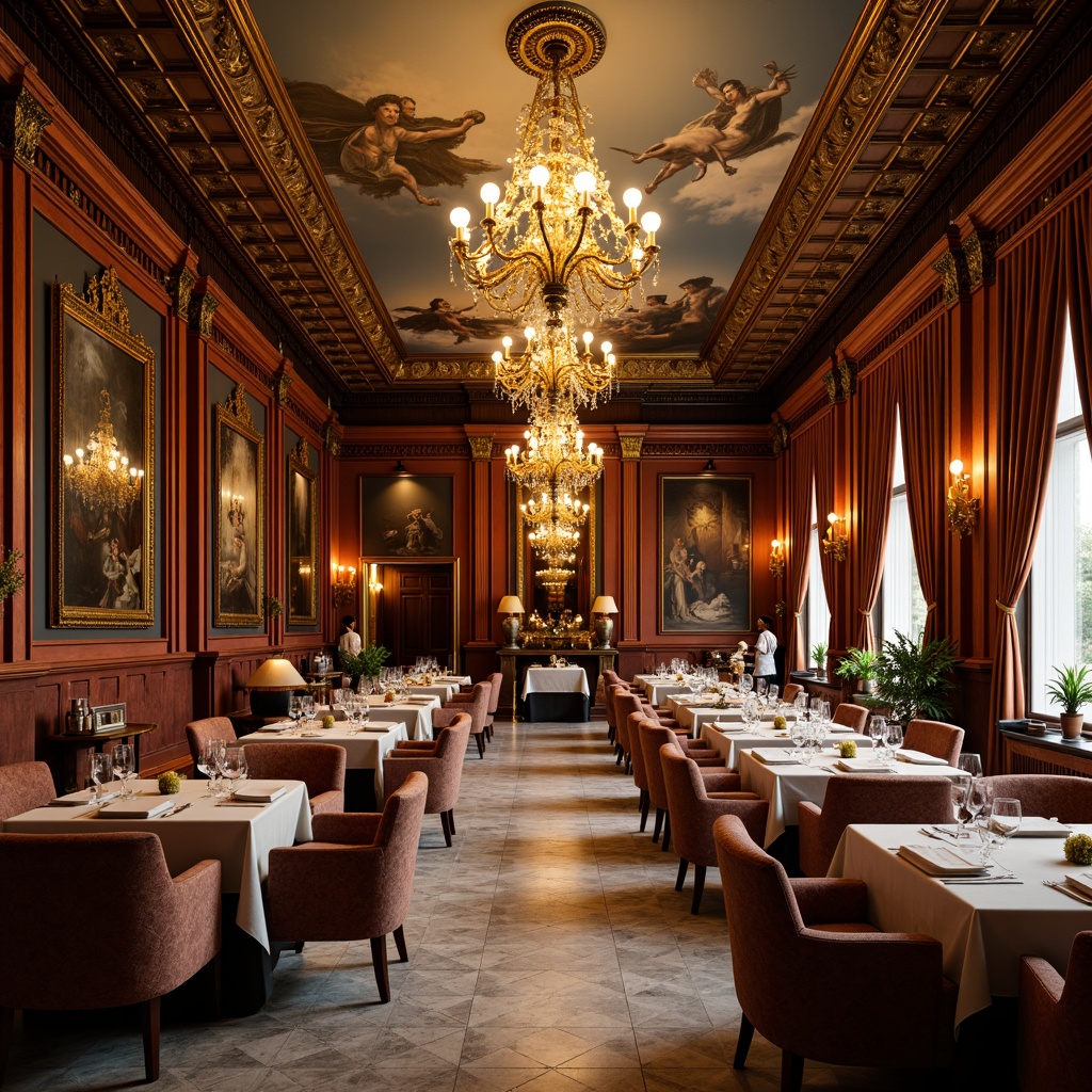 Prompt: Luxurious dining hall, ornate chandeliers, gilded mirrors, intricately carved wooden furniture, velvet drapes, rich tapestries, marble floors, crystal glassware, golden accents, lavish centerpieces, dramatic ceiling murals, soft warm lighting, shallow depth of field, 1/1 composition, realistic textures, ambient occlusion.