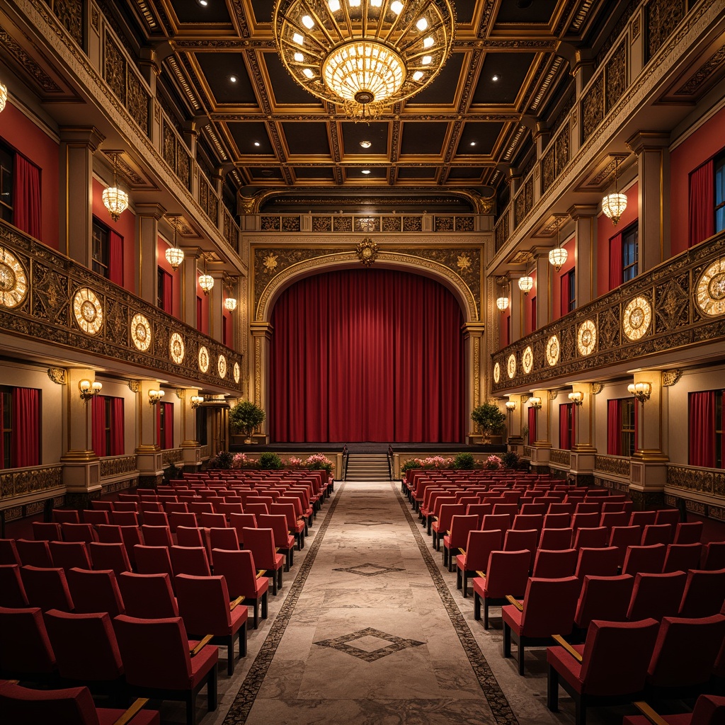 Prompt: Grandiose theater, lavish ornateness, metallic accents, geometric patterns, luxurious fabrics, velvet curtains, golden lighting fixtures, intricate moldings, marble floors, grand staircases, opulent chandeliers, majestic proscenium arches, richly upholstered seats, ornate balconies, dramatic spotlights, warm ambient glow, shallow depth of field, 1/2 composition, symmetrical framing, realistic textures, subtle camera movements.