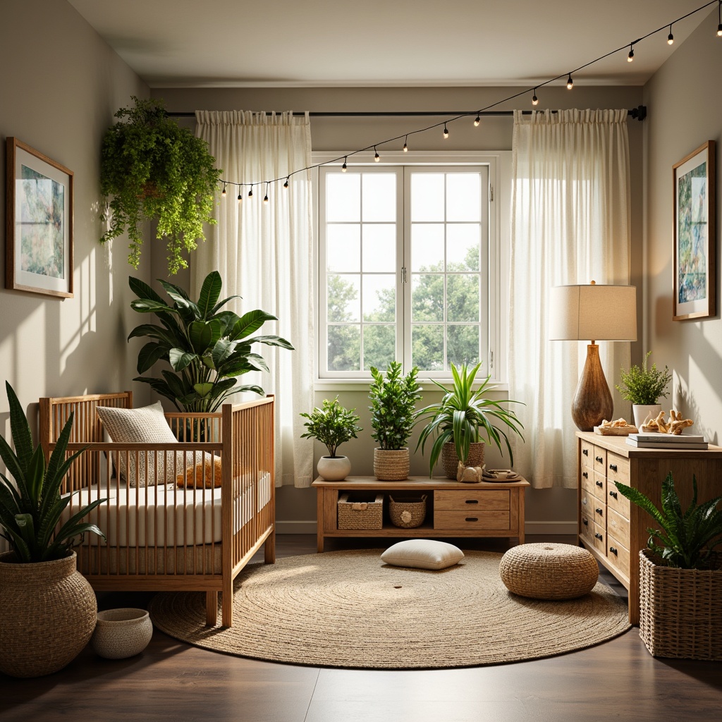 Prompt: Vibrant nursery, tropical plants, exotic flowers, warm wooden furniture, woven rattan cribs, natural fibers, soft pastel colors, calming ambiance, table lamps with linen shades, floor lamps with wicker details, string lights with seashell accents, LED candles with coastal scents, warm white lighting, cozy reading nooks, textured rugs, woven baskets, driftwood decorations, ocean-inspired artwork, sunny day, gentle warm glow, shallow depth of field, 1/1 composition, realistic textures, ambient occlusion.