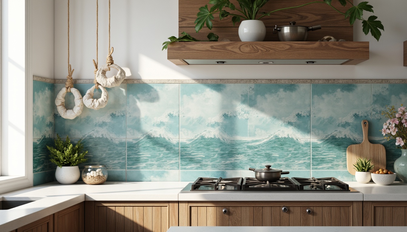 Prompt: \Coastal kitchen backsplash, ocean-inspired waves, sea glass tiles, shell-patterned ceramics, driftwood accents, soft blue-green hues, beachy texture, natural stone borders, LED lighting, modern farmhouse style, open shelving, rustic wooden cabinetry, nautical rope details, coral reef-inspired colors, sunny morning ambiance, shallow depth of field, 1/1 composition, realistic render, ambient occlusion.\