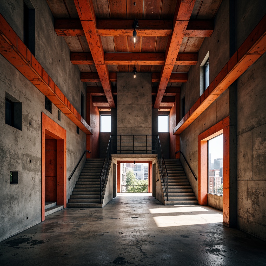 Prompt: Rugged brutalist architecture, bold orange-red accents, industrial materials, raw concrete walls, exposed ductwork, metallic beams, urban cityscape, dramatic shadows, high-contrast lighting, 1/1 composition, symmetric framing, cinematic atmosphere, gritty textures, ambient occlusion.