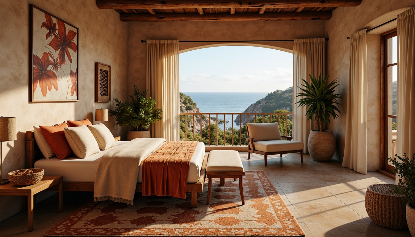 Prompt: Cozy Mediterranean bedroom, plush area rugs, soft velvet fabrics, warm terracotta hues, natural linen textures, rustic wooden accents, woven wicker furniture, distressed stone walls, tranquil ocean views, sunny afternoon light, gentle sea breeze, relaxed atmosphere, 1/2 composition, shallow depth of field, realistic fabric renderings, ambient lighting effects.