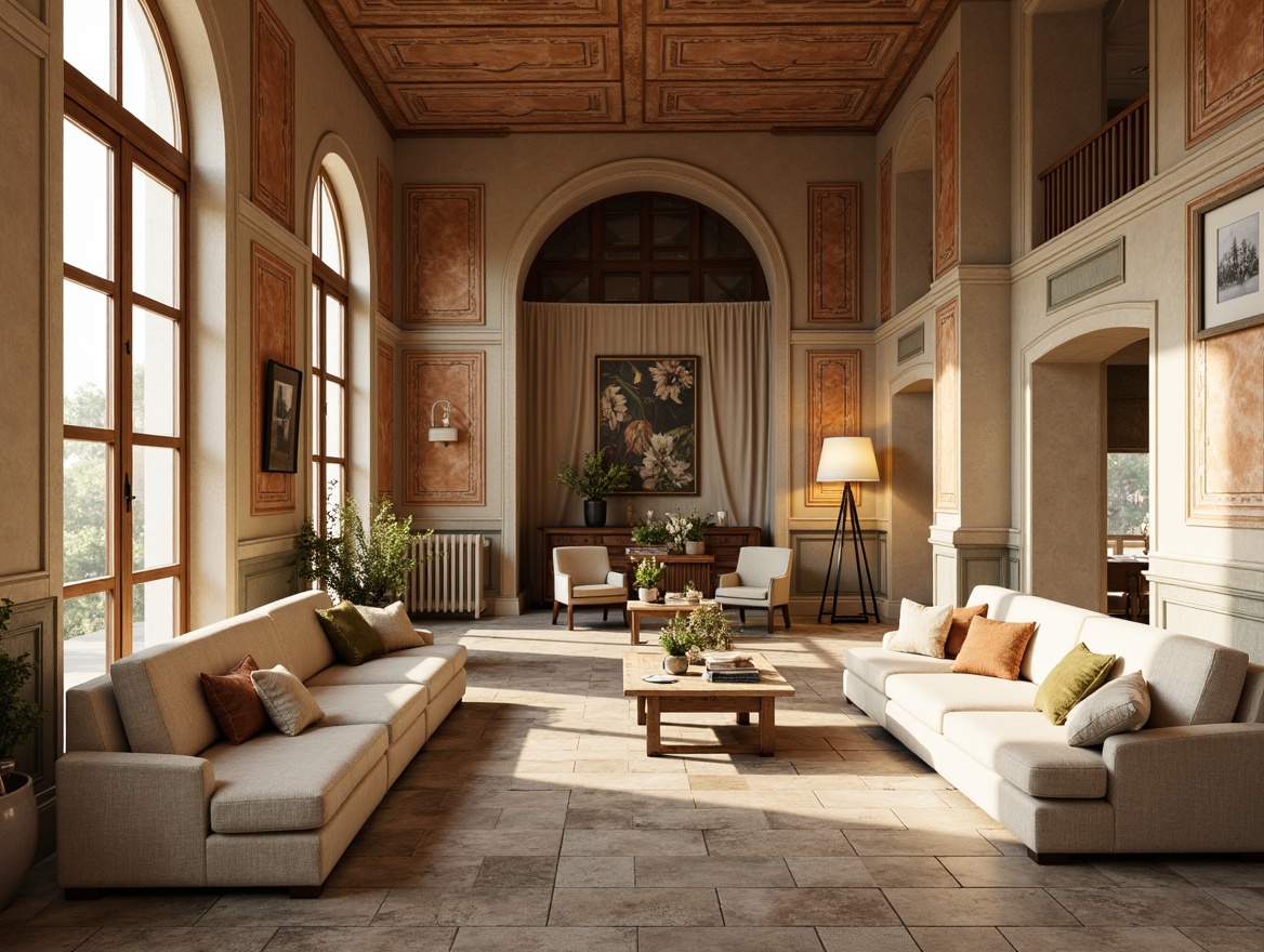 Prompt: Rich warm beige, soft creamy whites, weathered wood accents, subtle metallic tones, earthy terracotta hues, muted sage greens, dusty blues, vintage decorative patterns, ornate moldings, elegant archways, luxurious textiles, velvet drapes, natural stone flooring, reclaimed wood furniture, warm golden lighting, ambient shadows, 1/1 composition, realistic renderings, atmospheric perspective.