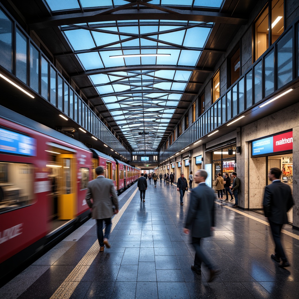 Prompt: Vibrant train station, modern architecture, sleek metal structures, large glass windows, warm LED lighting, urban cityscape, bustling atmosphere, dynamic movement, colorful advertising displays, stainless steel handrails, granite flooring, acoustic ceiling panels, natural stone walls, gentle color transitions, 3/4 composition, shallow depth of field, soft focus blur, realistic textures, ambient occlusion.