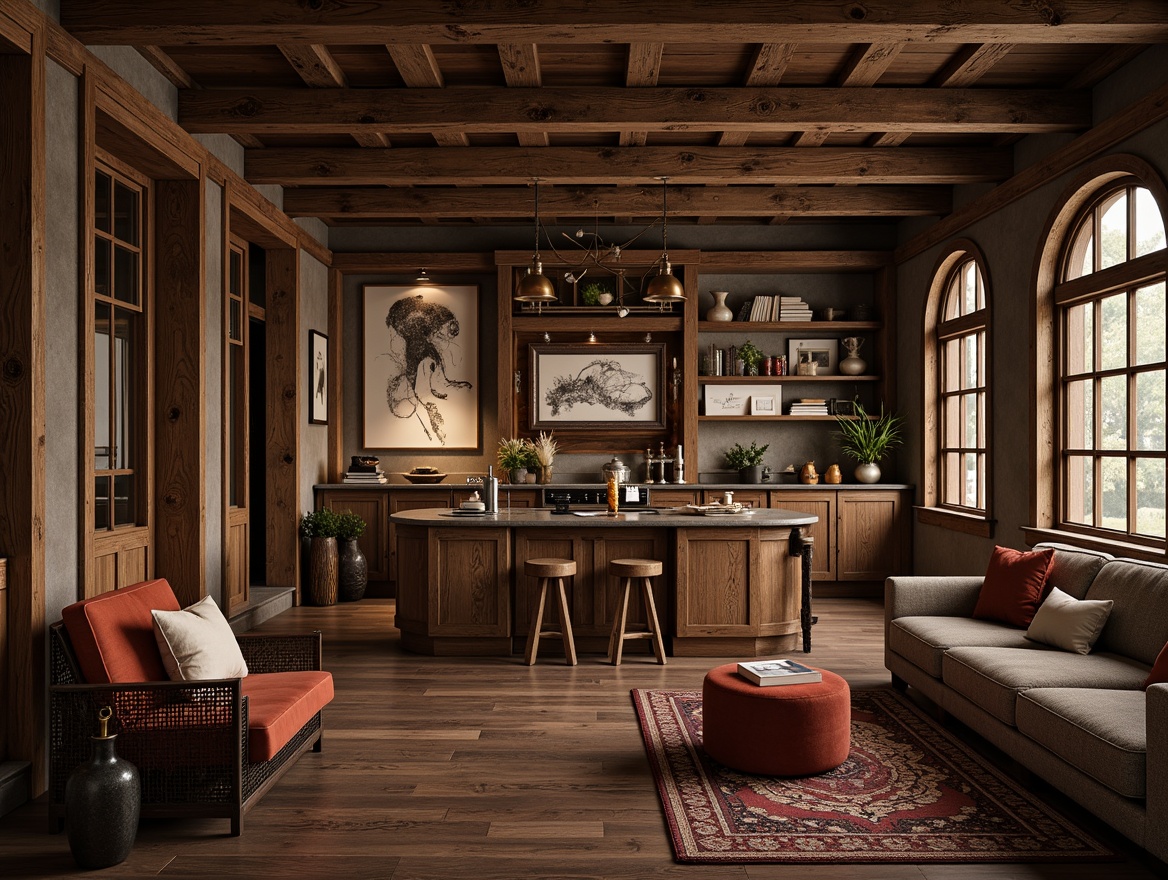 Prompt: Rustic wooden accents, traditional craftsmanship, premium leather upholstery, rich velvet fabrics, ornate metal fixtures, authentic natural stone, vintage-inspired decorative elements, distressed wood finishes, earthy color palette, warm ambient lighting, cozy intimate atmosphere, classic architectural details, heritage-style furniture pieces.