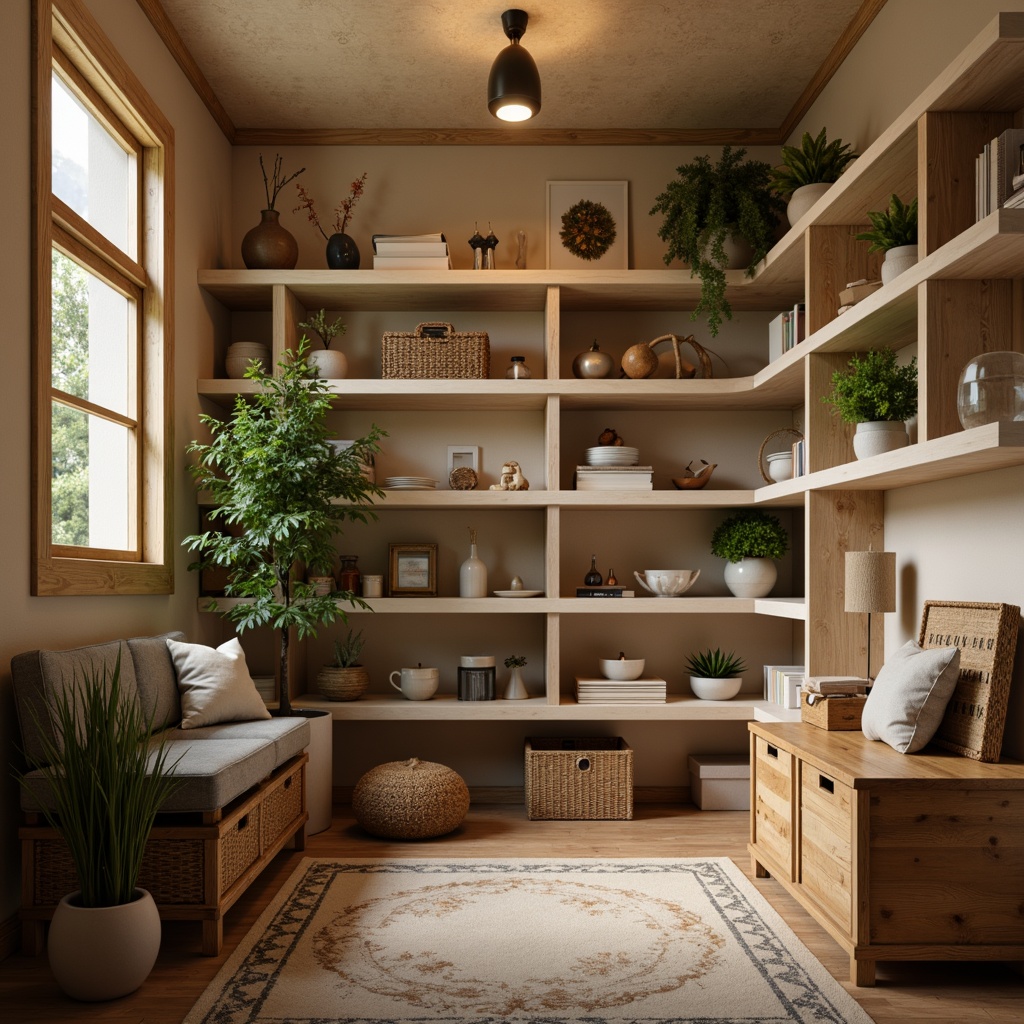 Prompt: Cozy storage room, warm beige walls, soft cream shelves, rustic wooden crates, metallic accents, dimmable overhead lighting, 1/1 composition, shallow depth of field, natural textures, subtle color contrast, earthy tone, calming atmosphere, organized clutter, functional decor.