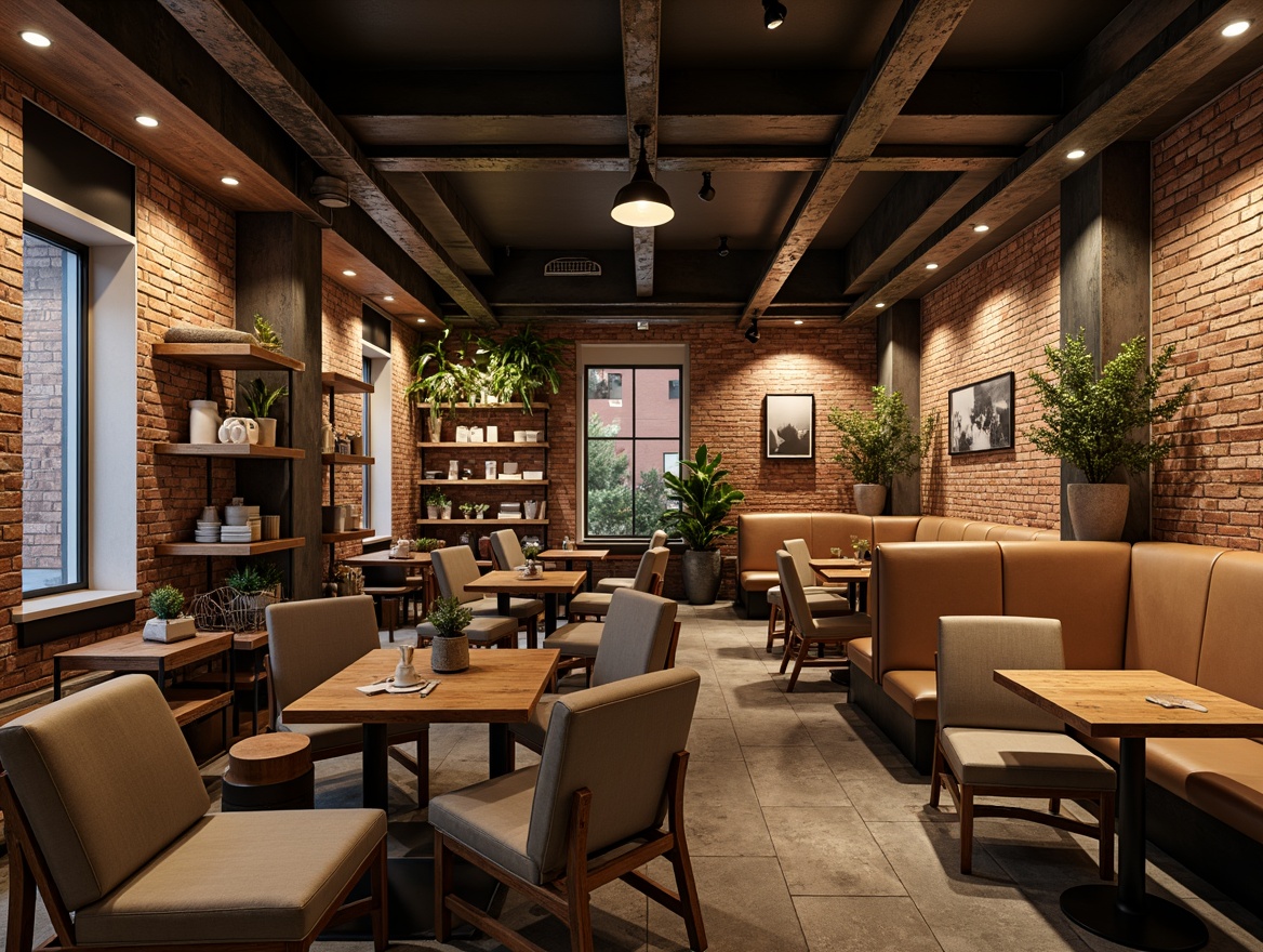 Prompt: Cozy coffee shop interior, exposed brick walls, reclaimed wood accents, distressed metal decor, vintage industrial lighting, rustic wooden tables, comfortable plush armchairs, soft cushions, natural stone flooring, earthy tone color scheme, warm ambient lighting, shallow depth of field, 1/1 composition, realistic textures, subtle grain details.