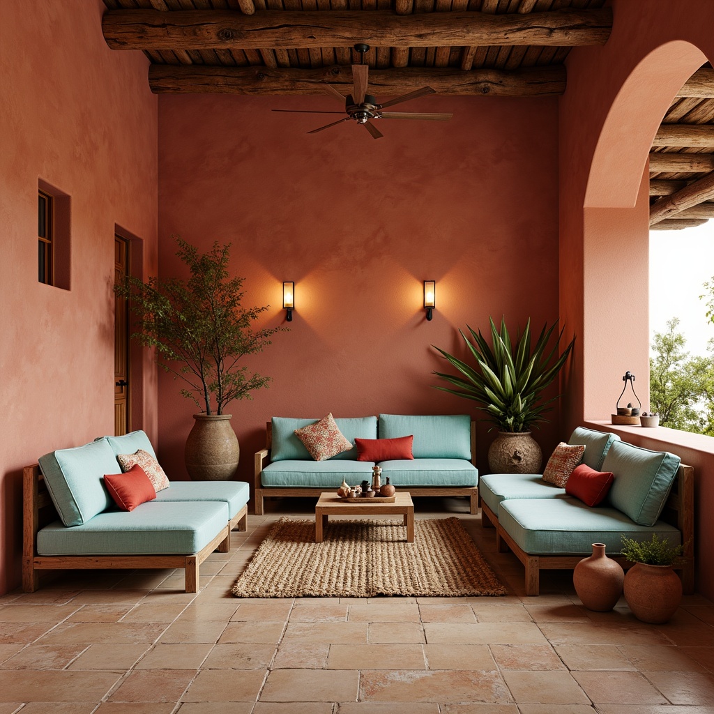 Prompt: Earthy tones, adobe red walls, sandy beige floors, turquoise accents, warm terracotta pottery, rustic wooden furniture, woven Native American-inspired textiles, natural fiber rugs, vibrant coral hues, soft sage greens, creamy whites, distressed wood finishes, geometric patterned tiles, warm candle lighting, cozy window nooks, southwestern-inspired decorative accessories, eclectic global artifacts.