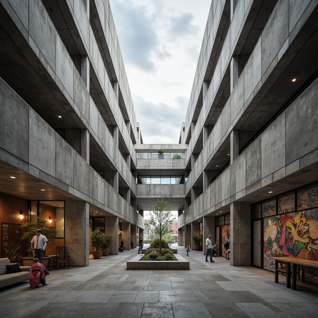 Prompt: Rugged high school building, brutalist architecture, raw concrete walls, angular lines, minimalist design, industrial-style lighting, vast open spaces, airy atriums, natural light pouring in, exposed ductwork, polished metal floors, reclaimed wood accents, urban landscape views, graffiti-covered walls, vibrant street art, cloudy skies, dramatic shadows, high contrast lighting, shallow depth of field, 3/4 composition, panoramic view, realistic textures, ambient occlusion.