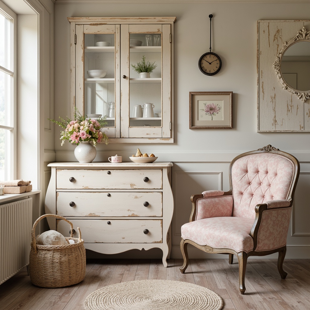 Prompt: Soft pastel hues, distressed finishes, vintage charm, feminine elegance, ornate details, lace patterns, floral motifs, antique furniture, worn wood textures, cream-colored walls, pale pink accents, mauve undertones, weathered metalware, soft peach tones, ivory whites, muted blues, gentle yellows, subtle sheen, warm candlelight, rustic countryside, French country inspired, romantic ambiance, whimsical touches, delicate fabrics.