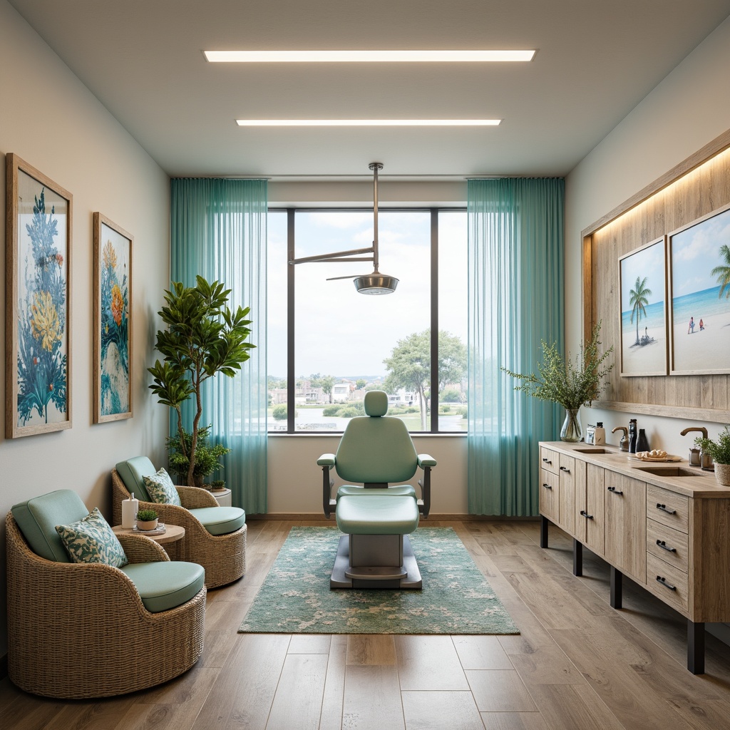 Prompt: Coastal-themed dental clinic, soothing ocean-inspired colors, natural textures, driftwood accents, woven rattan furniture, plush seafoam-green upholstery, coral-patterned rugs, shell-adorned decorative accessories, calming aquatic artwork, soft blue and white hues, distressed wood finishes, beachy vibe, relaxed ambiance, minimal ornamentation, functional modern dental equipment, ergonomic chairs, sleek stainless steel fixtures, ample natural lighting, airy open spaces, refreshing ocean breeze feel, shallow depth of field, 1/2 composition, warm atmospheric lighting.