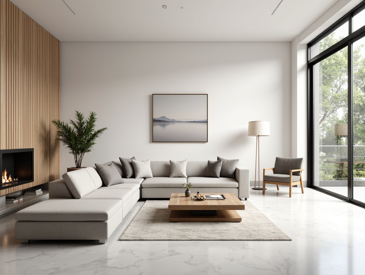 Prompt: Monochromatic living room, sleek low-profile sofa, minimalist coffee table, polished marble floor, creamy white walls, floor-to-ceiling windows, abundant natural light, subtle textures, sparse decor, elegant simplicity, modern Scandinavian design, neutral color palette, oak wood accents, industrial metal legs, comfortable cushions, soft warm lighting, 1/2 composition, shallow depth of field, realistic reflections.