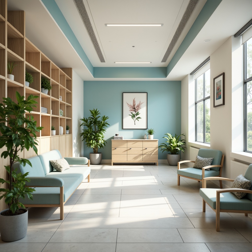 Prompt: Calming medical clinic, soft pastel colors, serene blue tones, creamy whites, warm beige accents, natural wood textures, gentle greenery, peaceful ambiance, modern minimalist decor, sleek metal equipment, comfortable waiting areas, soothing LED lighting, shallow depth of field, 3/4 composition, realistic renderings, ambient occlusion.