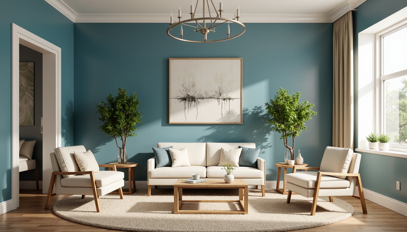 Prompt: Cerulean blue accent walls, soft cream furnishings, warm beige carpets, natural wood accents, elegant chandeliers, subtle silver hardware, delicate glass vases, fresh greenery, gentle morning light, shallow depth of field, 1/1 composition, realistic textures, ambient occlusion.