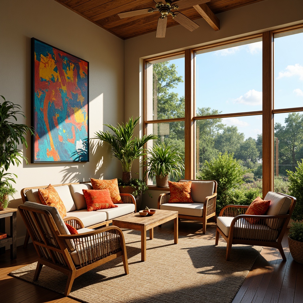 Prompt: Vibrant sunroom, expressionist art pieces, eclectic furniture mix, vintage wicker armchairs, bold colorful throw pillows, distressed wooden coffee tables, natural fiber rugs, tropical plants, large windows, panoramic views, warm sunny light, shallow depth of field, 1/1 composition, soft warm lighting, realistic textures, ambient occlusion.