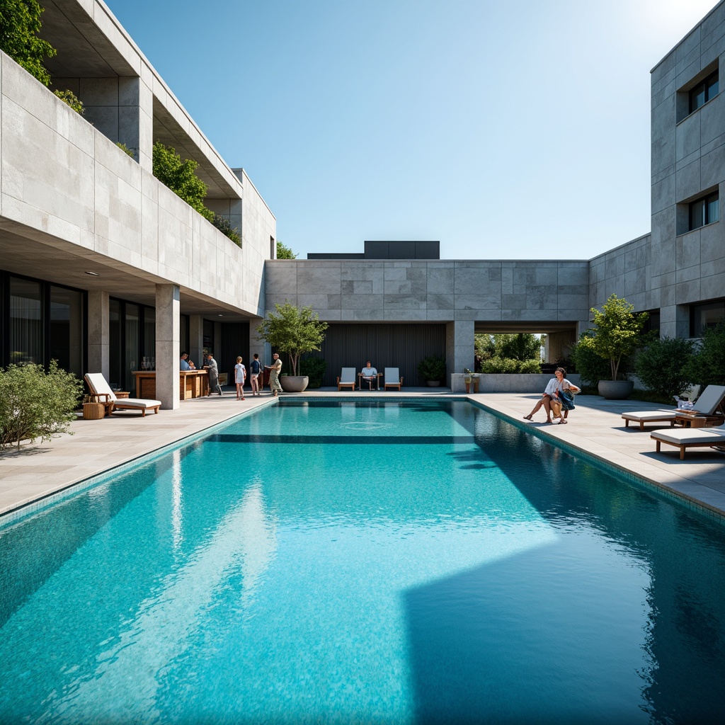 Prompt: Navy blue Bauhaus swimming pool, minimalist architecture, rectangular shapes, clean lines, functional design, concrete walls, steel beams, industrial chic, urban landscape, sunny day, dramatic shadows, high contrast, bold typography, geometric patterns, primary color accents, turquoise water, rippling effects, summer atmosphere, shallow depth of field, 1/2 composition, symmetrical framing.