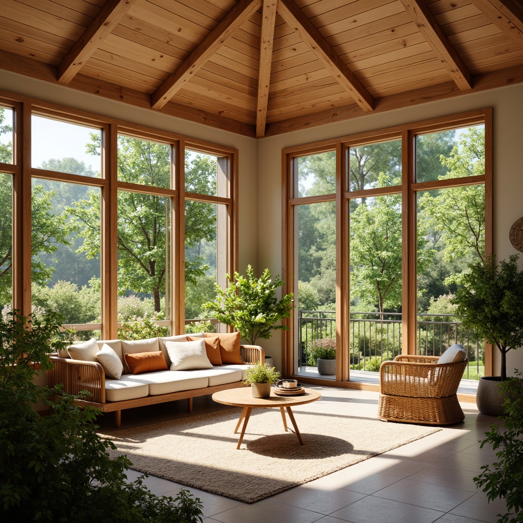 Prompt: Vibrant sunroom, natural wood accents, warm beige walls, large windows, sliding glass doors, lush greenery, blooming flowers, rattan furniture, plush throw pillows, soft creamy whites, calming blues, earthy terracotta tones, sunny day, gentle warm lighting, shallow depth of field, 3/4 composition, panoramic view, realistic textures, ambient occlusion.