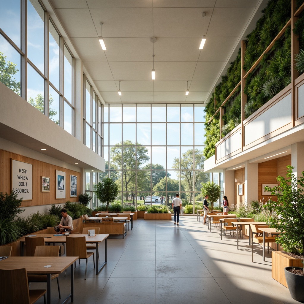 Prompt: Spacious classrooms, abundant natural light, floor-to-ceiling windows, minimal obstacles, flexible seating arrangements, collaborative workspaces, inspirational quotes, educational posters, vibrant greenery, living walls, wooden accents, modern minimalist design, soft warm lighting, shallow depth of field, 3/4 composition, panoramic view, realistic textures, ambient occlusion.