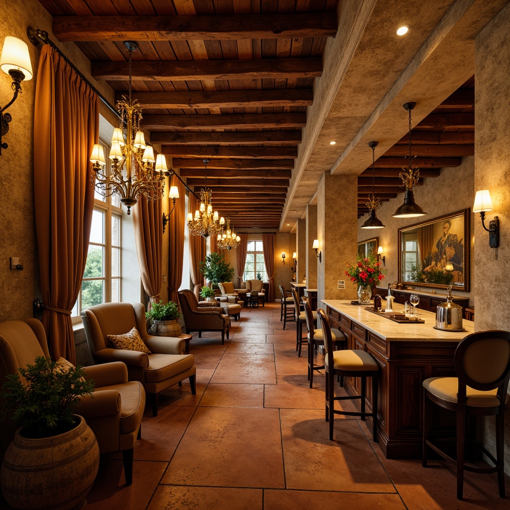 Prompt: Rustic wooden beams, stone walls, terracotta flooring, lavish chandeliers, ornate metalwork, rich velvet drapes, distressed leather armchairs, polished marble countertops, warm candlelight, soft golden lighting, atmospheric fog, Renaissance-inspired frescoes, vintage wine barrels, antique furnishings, natural fiber textiles, earthy color palette, warm beige tones, cozy nooks, intimate seating areas, classic European decor, sophisticated elegance.