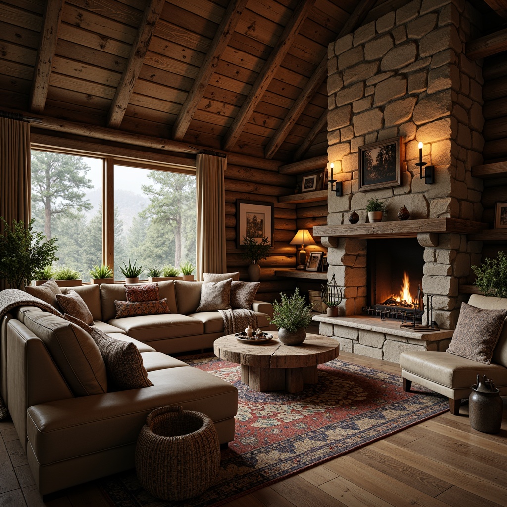 Prompt: Rustic cabin, wooden logs, earthy tones, natural stone walls, wooden beams, distressed finishes, vintage decorations, warm candle lighting, cozy fireplace, plush throw blankets, woven textiles, organic patterns, earthy scent, forest surroundings, misty morning, soft warm lighting, shallow depth of field, 1/1 composition, realistic textures, ambient occlusion.