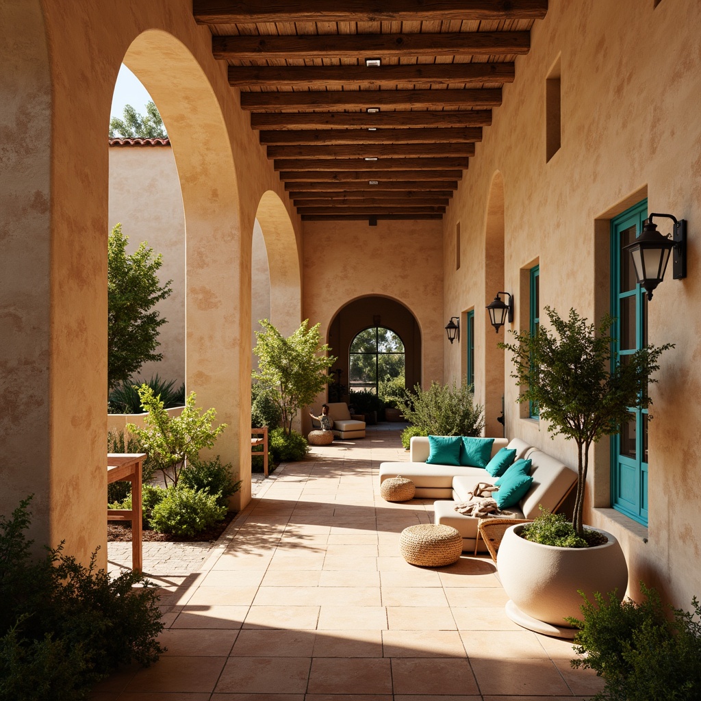 Prompt: Warm Mediterranean archways, curved lines, soft stucco walls, rustic stone columns, ornate ironwork, distressed wood beams, terracotta flooring, vibrant turquoise accents, lush greenery, natural textiles, woven baskets, earthy color palette, warm sunny day, soft warm lighting, shallow depth of field, 3/4 composition, realistic textures, ambient occlusion.