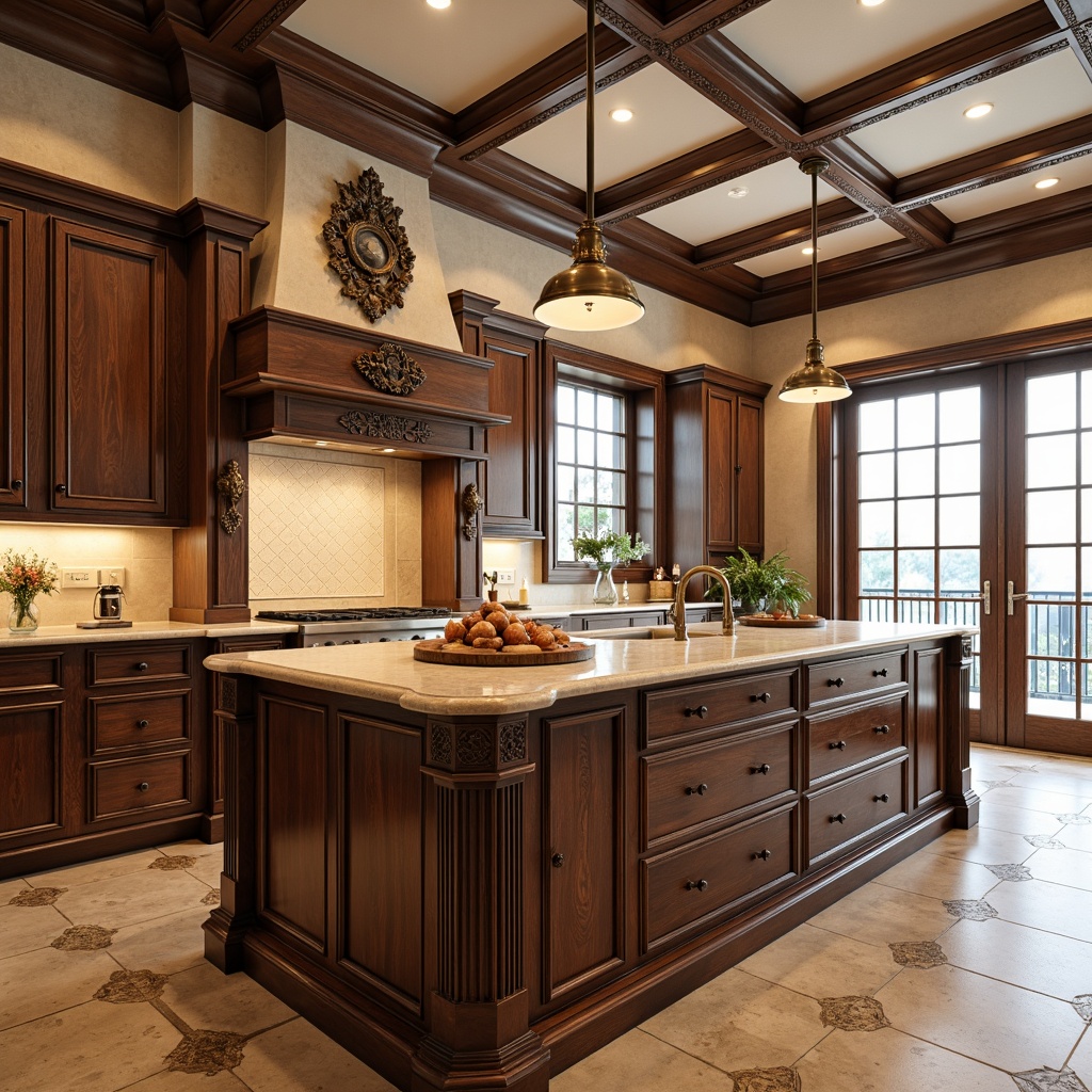 Prompt: Elegant kitchen island, rich wood tones, ornate carvings, traditional cabinetry, bronze hardware, creamy marble countertops, soft warm lighting, coffered ceiling, classic pendant lamps, refined moldings, sophisticated color palette, harmonious proportions, subtle textures, realistic reflections, shallow depth of field, 1/1 composition, symmetrical view.