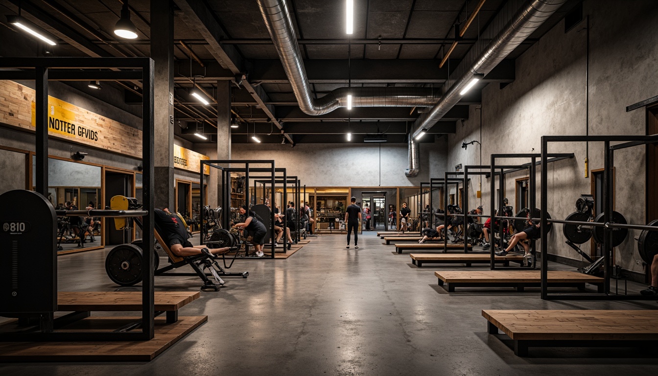 Prompt: Industrial gym interior, exposed ductwork, concrete floors, metal beams, brutalist architecture, rugged textures, raw concrete walls, steel equipment frames, heavy-duty machinery, functional minimalism, urban aesthetics, dim warm lighting, high-contrast shadows, dramatic spotlights, bold color accents, distressed wood accents, industrial-style signage, functional metal railings, robust exercise machines, dynamic human silhouettes, intense training atmosphere.