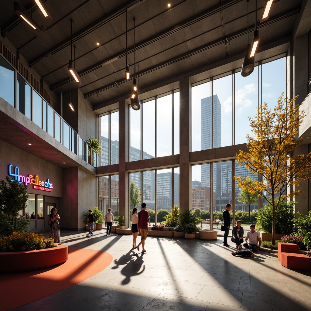 Prompt: Vibrant youth center, modern architecture, large windows, natural light pouring in, warm color temperature, soft ambient lighting, suspended ceiling fixtures, recessed lighting, LED strip lights, colorful neon signs, urban cityscape, afternoon sunlight, shallow depth of field, 1/1 composition, realistic textures, ambient occlusion.