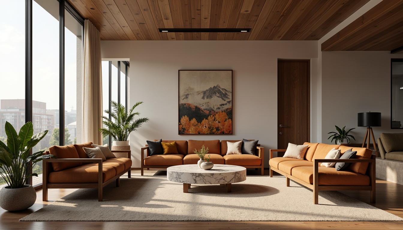 Prompt: Mid-century modern living room, sleek wooden furniture, velvet sofas, marble coffee tables, minimalist decor, neutral color palette, natural textiles, soft warm lighting, shallow depth of field, 3/4 composition, realistic textures, ambient occlusion.