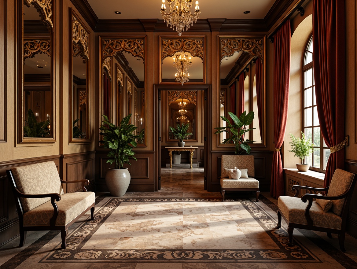 Prompt: Grandiose mudroom, ornate furnishings, rich velvet drapes, gilded frames, intricately carved wooden panels, ornamental mirrors, lavish chandeliers, marble flooring, intricate stone patterns, rustic earthy tones, warm golden lighting, dramatic shadows, shallow depth of field, 1/1 composition, symmetrical framing, realistic textures, ambient occlusion.