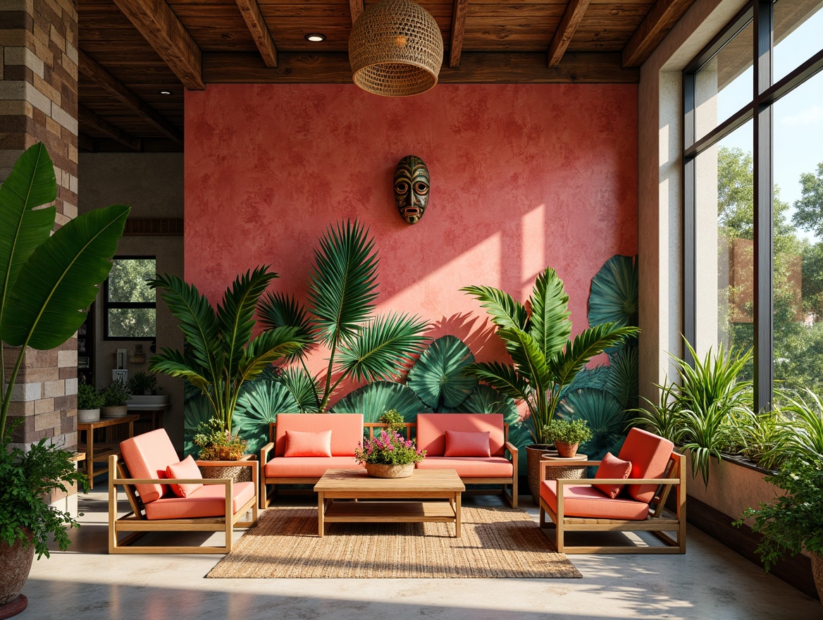 Prompt: Vibrant tropical accent wall, exotic palm fronds, bright coral hues, reclaimed wood textures, natural stone finishes, woven rattan patterns, bold geometric shapes, lush greenery, warm sunny lighting, shallow depth of field, 1/1 composition, panoramic view, realistic materials, ambient occlusion, island-inspired decor, colorful tiki masks, tropical flowers, bamboo accents, woven fibers, natural textiles.