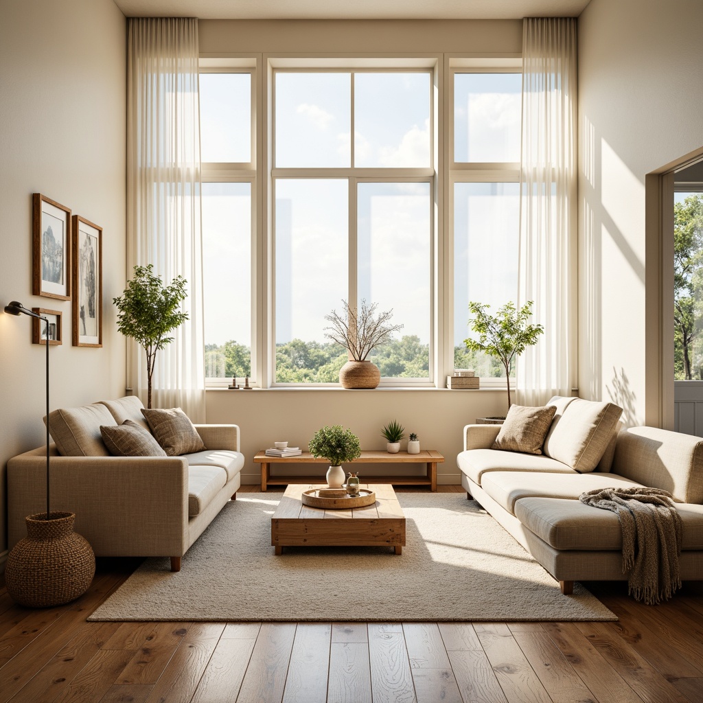 Prompt: Bright living room, large windows, sheer white curtains, soft diffused light, warm beige walls, polished wooden floors, minimalist decor, comfortable sofas, natural textiles, greenery accents, floor lamps, table lamps, warm color palette, inviting atmosphere, shallow depth of field, 1/1 composition, realistic textures, ambient occlusion.