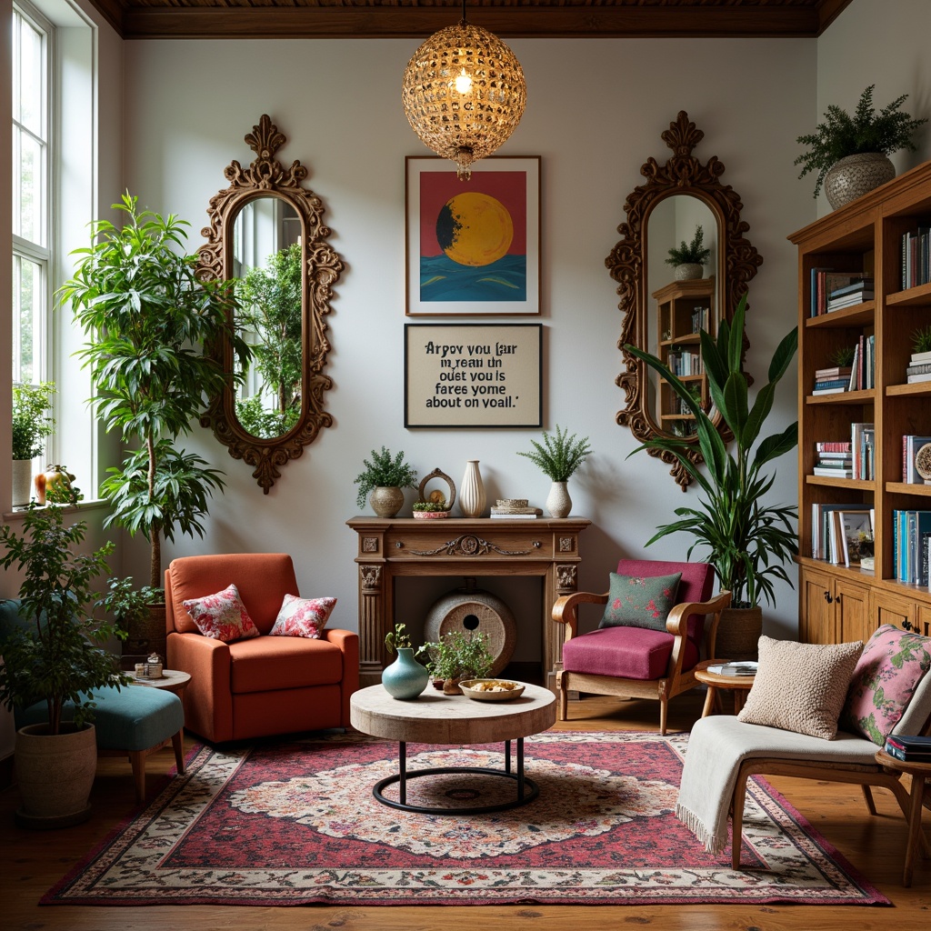 Prompt: Vibrant artistic studio, eclectic furniture, bohemian rugs, abstract artwork, colorful vases, ornate mirrors, lush greenery, natural light, warm wooden accents, cozy reading nook, inspirational quotes, creative mood board, bold typography, pastel hues, rich jewel tones, metallic accents, soft warm lighting, shallow depth of field, 1/1 composition, intimate atmosphere.