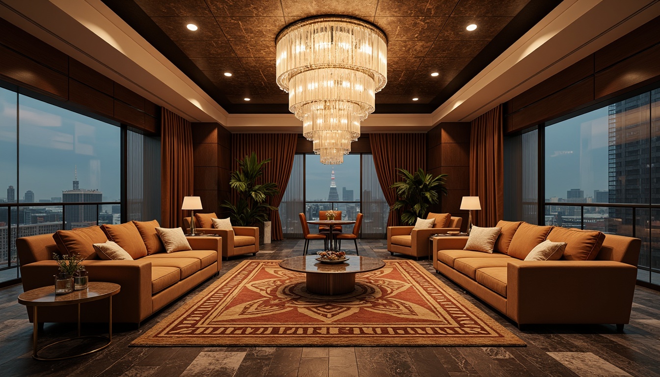 Prompt: Luxurious penthouse, Art Deco inspired interior, glamorous chandeliers, velvet sofas, ornate coffee tables, geometric patterned rugs, metallic accents, lavish drapery, opulent marble floors, sleek chrome legs, curved lines, minimalist ornamentation, rich wood tones, subtle lighting, atmospheric ambiance, 1/1 composition, soft focus, warm color palette.