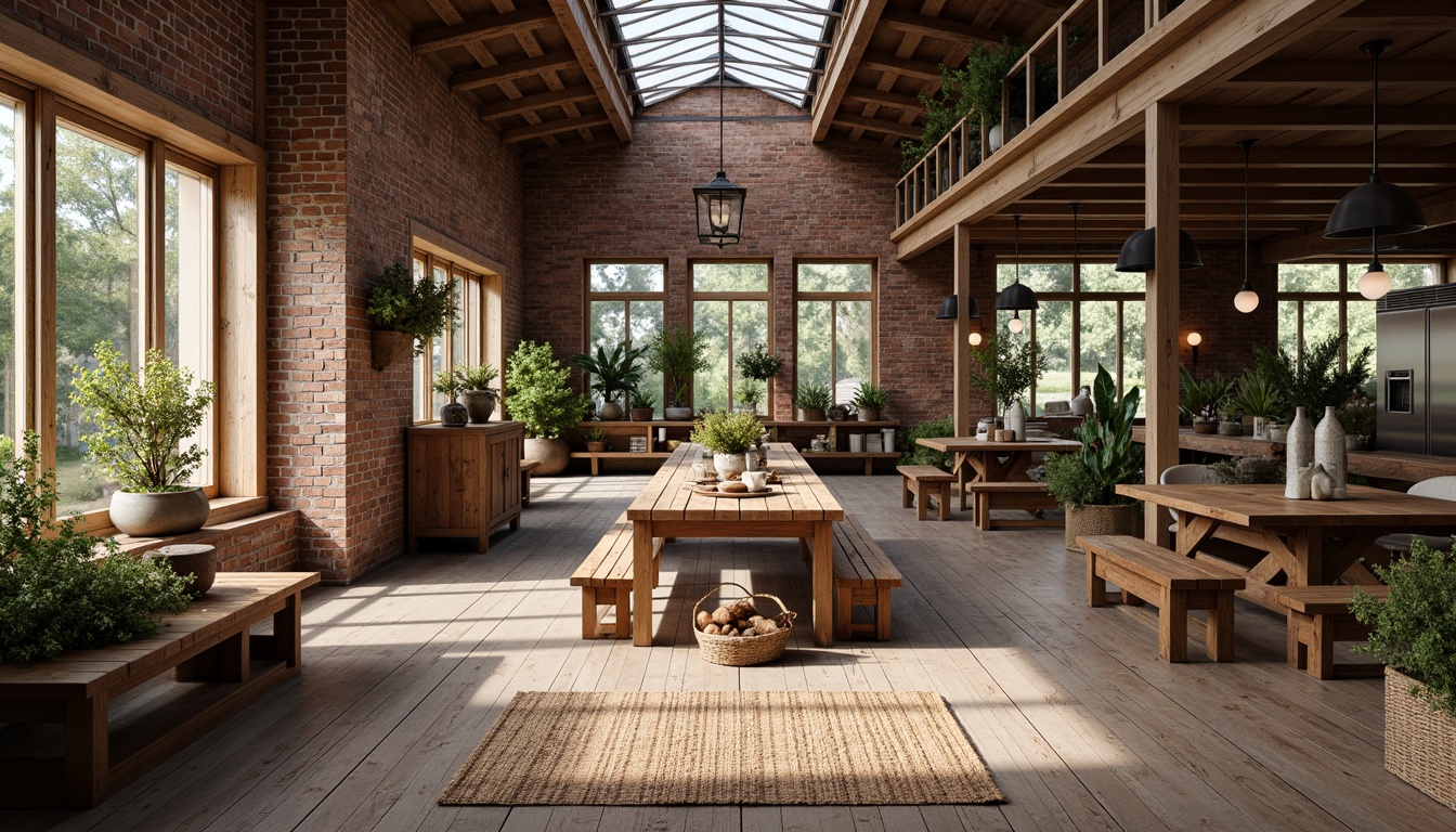 Prompt: Rustic market vernacular style, distressed wooden planks, reclaimed barn wood floors, weathered stone tiles, earthy tone ceramics, woven natural fiber rugs, vintage-inspired decorative accents, industrial metal trusses, exposed brick walls, high ceilings, abundant natural light, warm softbox lighting, shallow depth of field, 2/3 composition, atmospheric perspective.