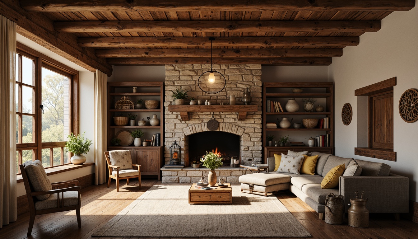 Prompt: Rustic farmhouse, wooden beams, distressed finishes, vintage decor, earthy tones, natural textiles, woven baskets, antique furniture, stone fireplaces, brick walls, metal lanterns, reclaimed wood accents, galvanized metal details, soft warm lighting, shallow depth of field, 1/1 composition, realistic textures, ambient occlusion.