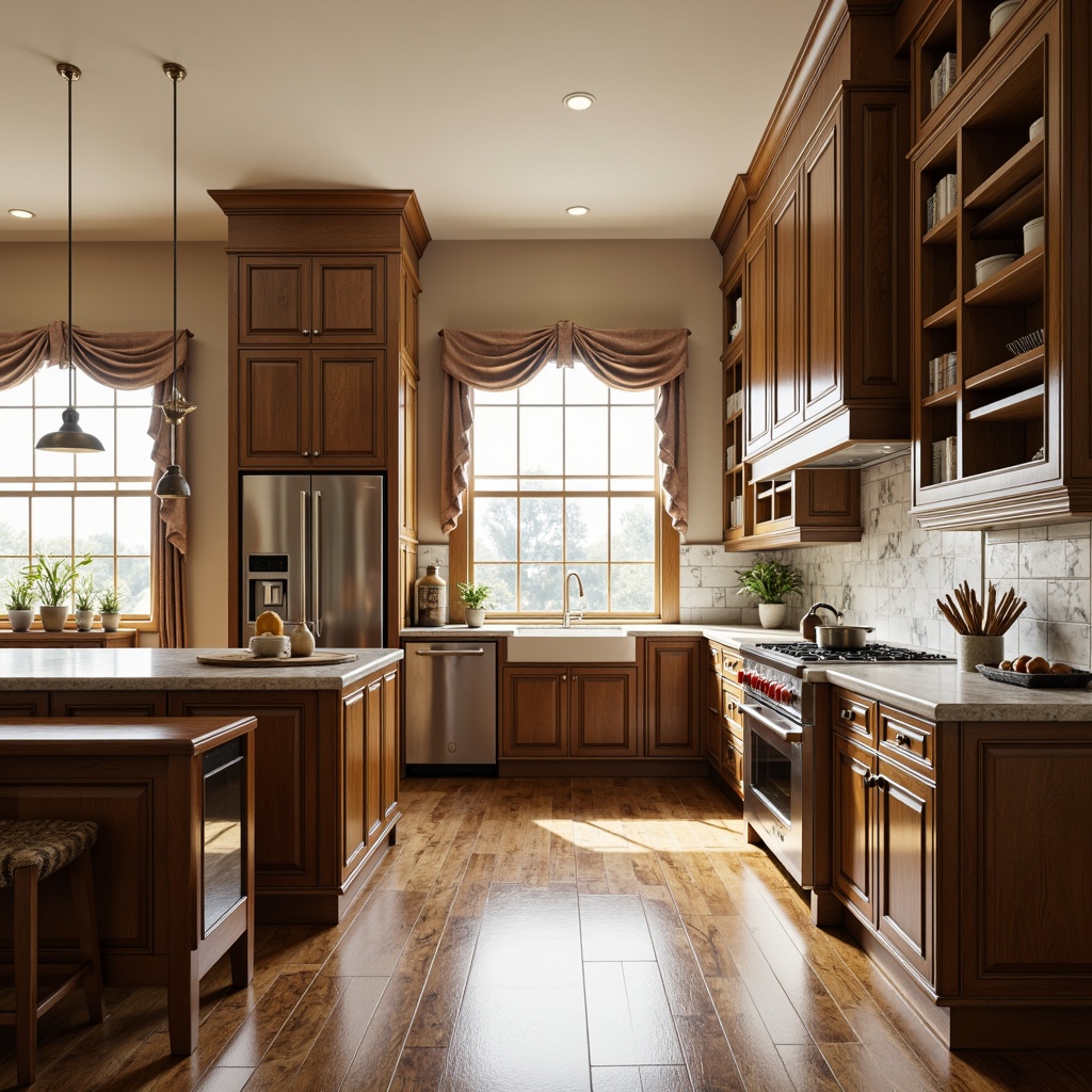 Prompt: Academic style kitchen, traditional cabinetry, rich wood tones, polished chrome hardware, high-gloss countertops, modern appliances, stainless steel refrigerators, gas ranges, built-in microwaves, dishwashers, double-bowl sinks, pendant lighting fixtures, marble backsplashes, hardwood floors, elegant window treatments, soft natural light, warm beige colors, classic architectural details, subtle ornate moldings, 1/1 composition, realistic reflections, ambient occlusion.