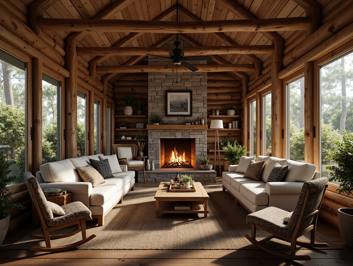 Prompt: Rustic cabin, wooden accents, natural textures, vintage decor, earthy tones, distressed finishes, reclaimed wood furniture, plush throw blankets, stone fireplaces, cozy reading nooks, warm ambient lighting, soft candlelight, comfortable sofas, oversized armchairs, wooden rocking chairs, woven baskets, potted greenery, nature-inspired artwork, 1/1 composition, shallow depth of field, realistic textures, ambient occlusion.