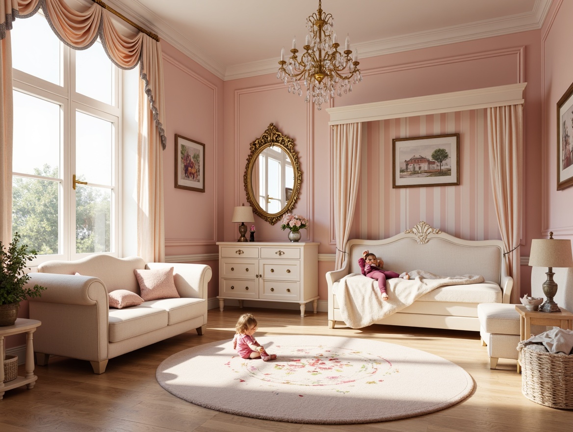 Prompt: \Whimsical kid's room, Rococo style, pastel color palette, soft pink walls, creamy white furniture, gold leaf accents, ornate mirrors, lavish drapery, playful patterned rugs, delicate florals, warm beige tones, sparkling chandeliers, gentle morning light, shallow depth of field, 1/1 composition, romantic atmosphere.\