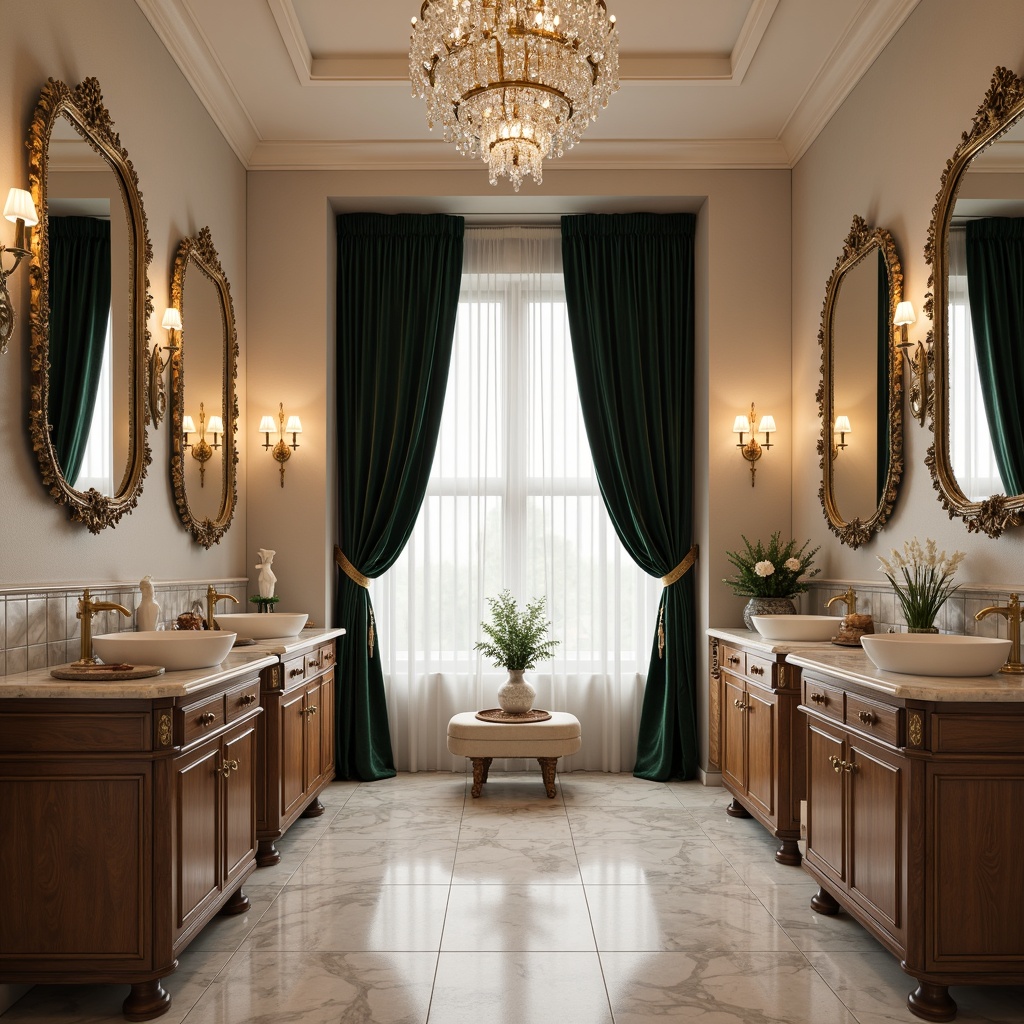 Prompt: Luxurious powder room, soft warm lighting, elegant marble countertops, ornate gold fixtures, plush velvet drapes, sophisticated neutral tones, creamy whites, rich charcoal grays, subtle blush pinks, opulent emerald greens, dramatic black accents, ornate mirrors, crystal chandeliers, delicate lace patterns, refined herringbone textures, high-end metallic finishes, glamorous ambiance, intimate setting, serene atmosphere.