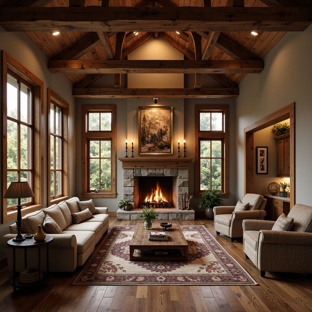 Prompt: Cozy great room, exposed wooden beams, rustic wooden accents, earthy color palette, natural stone fireplace, plush sectional sofa, vintage area rug, warm ambient lighting, soft candlelight, autumnal afternoon, shallow depth of field, 1/2 composition, realistic textures, ambient occlusion, craftsman-style woodwork, wooden trusses, wooden ceiling, wooden floorboards, cozy reading nook, comfortable armchairs.