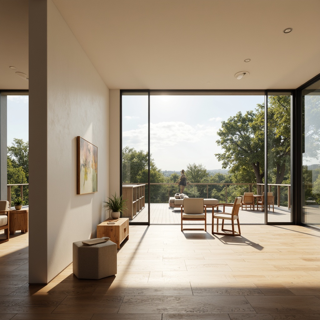 Prompt: Minimalist villa interior, large windows, sliding glass doors, natural light pouring in, bright airy atmosphere, sleek wooden floors, white walls, minimal decor, geometric furniture, modern Bauhaus style, soft warm lighting, morning sunbeams, subtle shadows, 1/1 composition, realistic textures, ambient occlusion.