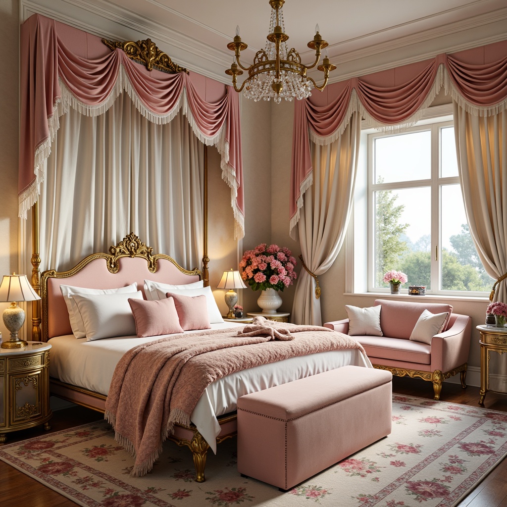 Prompt: Whimsical kid's bedroom, ornate Rococo furniture, curved golden frames, plush velvet fabrics, soft pastel colors, delicate lace trimmings, intricate carvings, crystal chandeliers, luxurious drapery, tufted ottomans, floral patterns, gentle warm lighting, shallow depth of field, 1/1 composition, realistic textures, ambient occlusion.