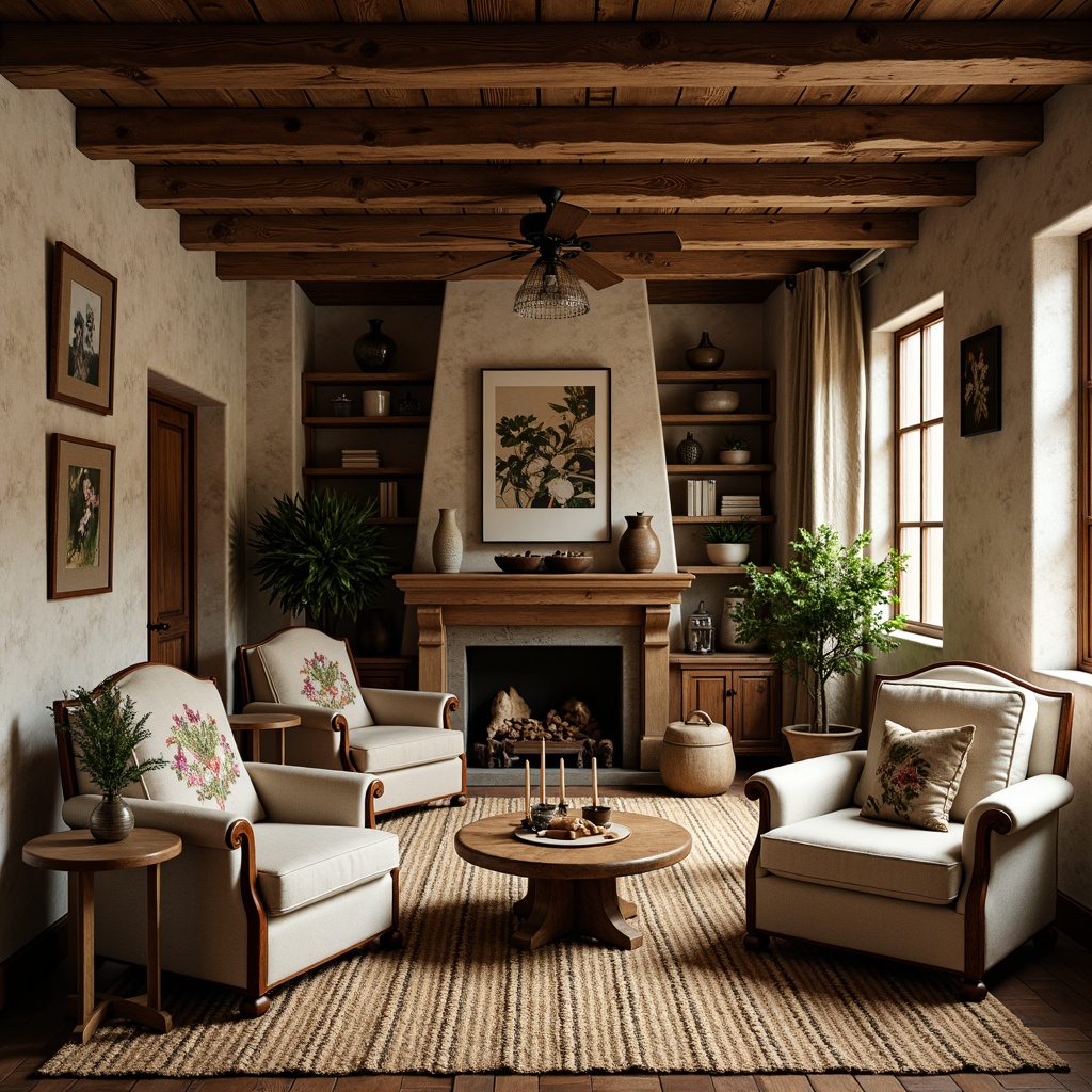 Prompt: Rustic wooden accents, vintage distressed finishes, earthy color palette, woven jute rugs, plush velvet fabrics, natural linen upholstery, embroidered patterns, floral motifs, classic armchairs, ornate wooden furniture, antique accessories, warm candlelight, soft warm textures, cozy atmosphere, traditional craftsmanship, elegant simplicity, 1/1 composition, intimate scale, shallow depth of field.