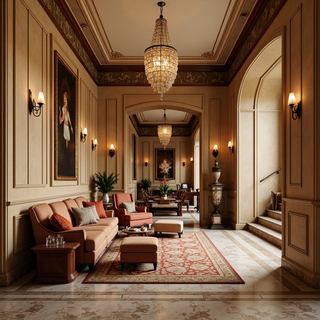 Prompt: Warm beige walls, rich wood tones, ornate furnishings, luxurious fabrics, classic patterns, stately chandeliers, dignified columns, regal archways, sophisticated color schemes, muted earth tones, subtle gold accents, elegant marble floors, refined textures, traditional architectural details, solemn atmosphere, soft warm lighting, shallow depth of field, 2/3 composition, realistic materials, ambient occlusion.