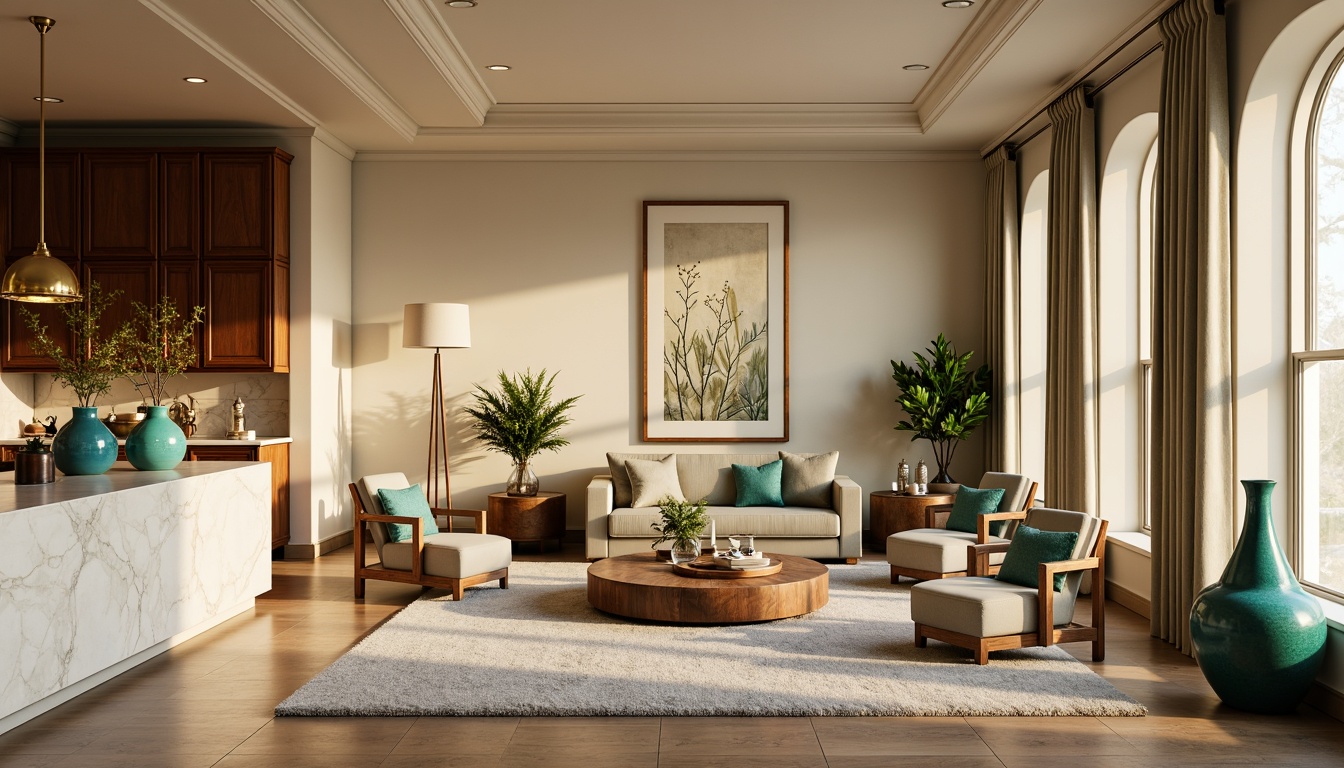 Prompt: Vibrant living room, warm beige walls, rich walnut wood furniture, soft sage green accents, creamy white marble countertops, bold turquoise decorative vases, cozy plush area rugs, natural light pouring in, elegant crown molding, sophisticated pendant lighting, 1/2 composition, warm golden hour, realistic fabric textures, ambient occlusion.