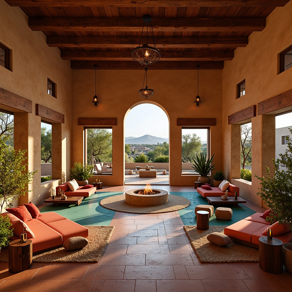 Prompt: Southwestern-inspired hotel lobby, warm terracotta flooring, natural stone accents, woven jute rugs, comfortable seating areas, vibrant turquoise and coral hues, rustic wooden beams, dramatic archways, lush greenery, pendant lanterns, warm candle lighting, cozy fire pit, inviting ambiance, panoramic views of desert landscape, vast open spaces, modern minimalist decor, sleek metal fixtures, earthy color palette, textured stucco walls, Spanish-inspired tile work, soft warm lighting, 1/2 composition, shallow depth of field, realistic textures.