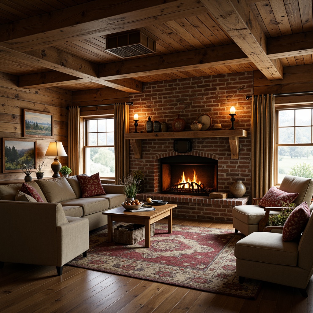 Prompt: Cozy cabin-style interior, wooden accents, earthy tones, woven baskets, natural fabrics, plush throw blankets, vintage furniture pieces, distressed wood textures, warm candle lighting, traditional craftsman decor, rich wood grains, ornate metal fixtures, classic brick fireplace, comfortable seating areas, soft warm colors, rustic country atmosphere, 1/1 composition, shallow depth of field, realistic textures.