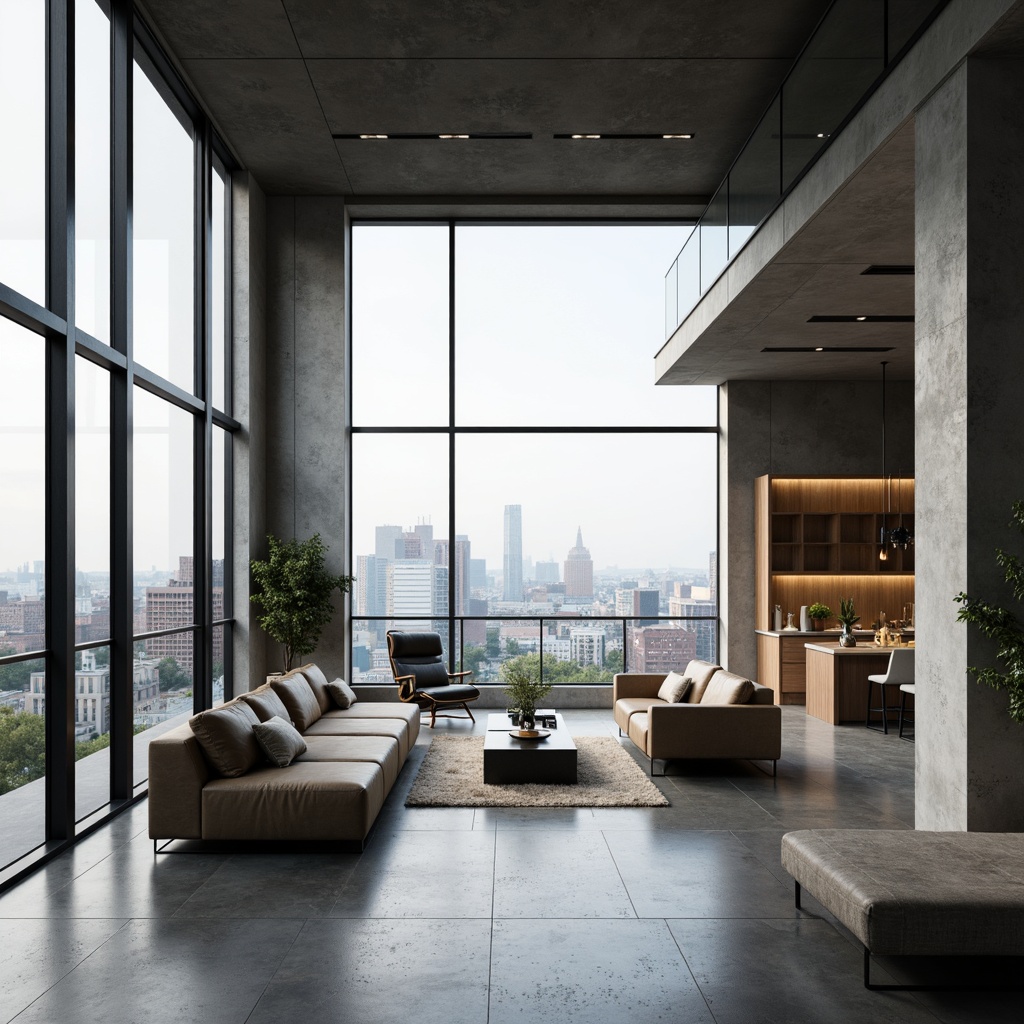 Prompt: Modern living room, minimalist furniture, sleek lines, monochromatic color scheme, functional decor, compact storage units, floor-to-ceiling windows, natural light pouring in, cityscape views, urban loft ambiance, polished concrete floors, industrial-chic aesthetic, Scandinavian-inspired design, ergonomic seating, low-profile sofas, geometric-shaped coffee tables, metallic accents, ambient soft lighting, shallow depth of field, 3/4 composition, realistic textures, subtle color grading.